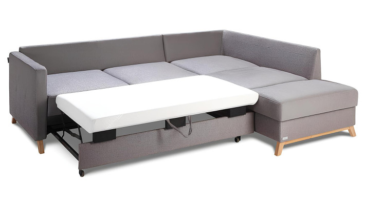 Vinkelsoffa i tyg med sängfunktion, ny vinkelsoffa med förvaringsutrymme för sängkläder