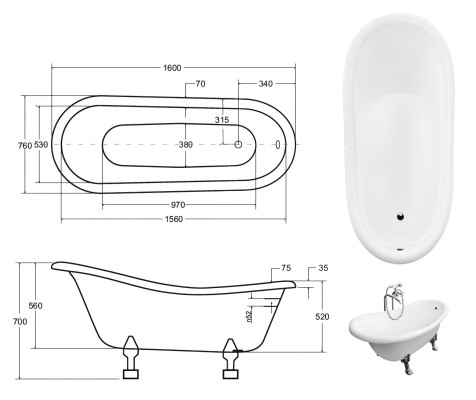 Vintage fristående badkar, klassiskt, nytt
