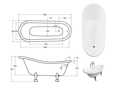 Vintage fristående badkar, klassiskt, nytt