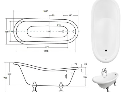 Vintage fristående badkar, klassiskt, nytt
