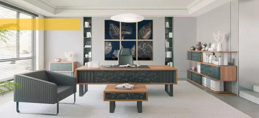 Set av modern kontorsmöbler bord skåp