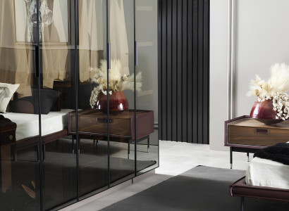 Loft sovrumsmöbelset med säng, garderob, nattduksbord och byrå med 5 lådor