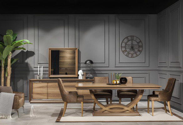 Set med 9 delar, inklusive bord, stolar, byrå och spegel