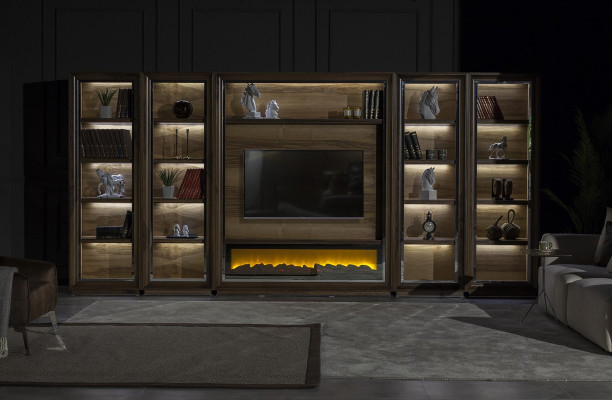 Lyxiga vardagsrumsväggar, 448 cm, med träspis