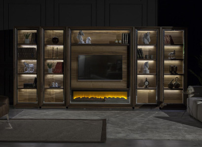 Lyxiga vardagsrumsväggar, 448 cm, med träspis