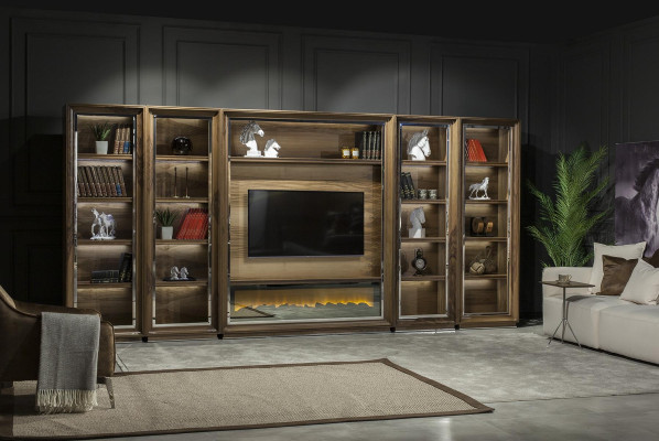 Lyxiga vardagsrumsväggar, 448 cm, med träspis