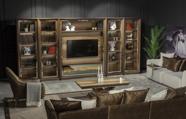 Lyxiga vardagsrumsväggar, 448 cm, med träspis