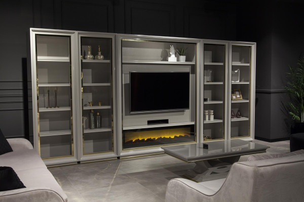 XXL vägghylla för vardagsrum med eldstadsdesign