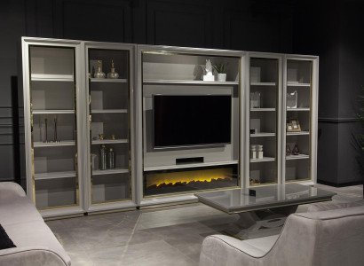 XXL vägghylla för vardagsrum med eldstadsdesign