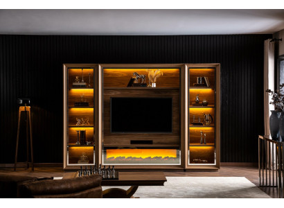 Lyxig vägg för vardagsrum med eldstad och soffbord