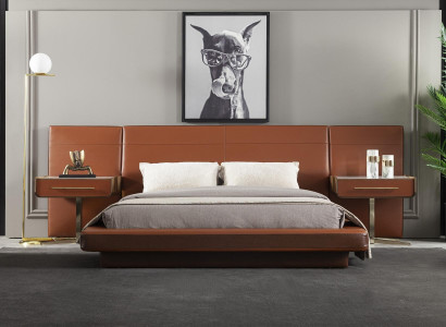 Set av orange säng med 2 mobila sängbord, 3 delar