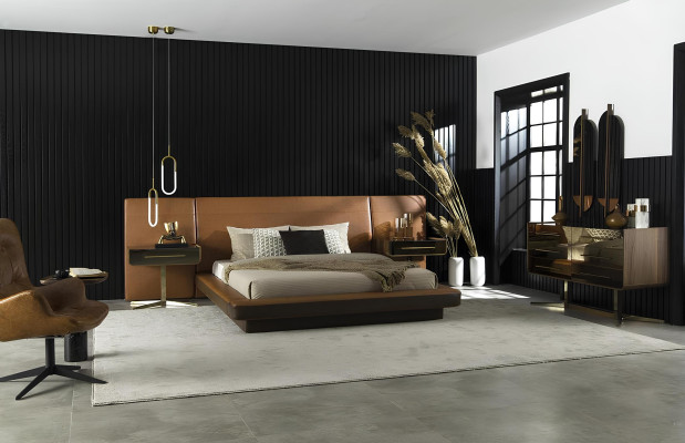 Lyxigt sovrumsmöbelset med säng, nattduksbord och skåp 6 delar.