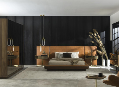 Sovrumsmöbelset bestående av säng, nattduksbord och garderob, 5 delar.