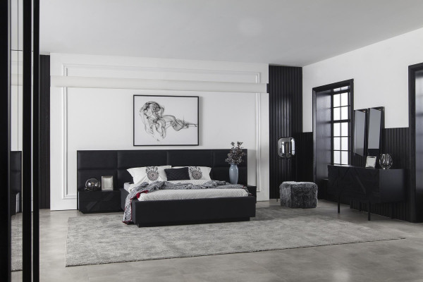 Modern sovrumset Mustat, 3-delad sängbord, lädersäng