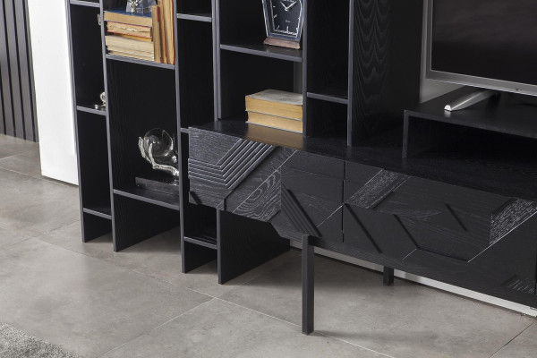 Svart väggmöbel med öppen förvaring för vardagsrum