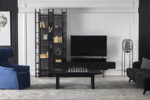 Svart väggmöbel med öppen förvaring för vardagsrum