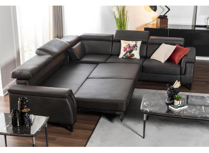 Mustasta lädersoffa med sängfunktion