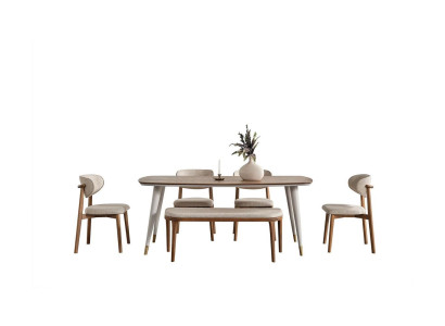 Elegant set bestående av ett matbord och 4 stolar + bänk i beige
