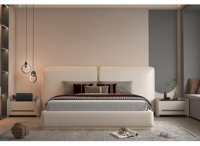 Sängram i beige med gyllene detaljer, modern design, sänggavel för sovrum