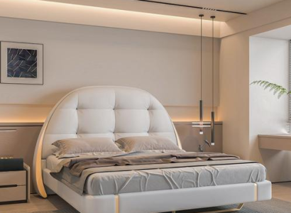 Sängklädsel i lyxigt tyg med broderade accenter och modern rund sänggavel