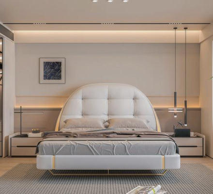 Sängklädsel i lyxigt tyg med broderade accenter och modern rund sänggavel