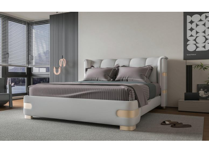 Lyxig grå sängram med gyllene detaljer, mjuk huvudgavel för ett modernt rum