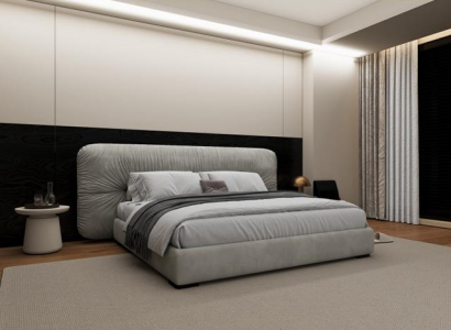 Lyxig grå sängram med modern stoppad huvudgavel