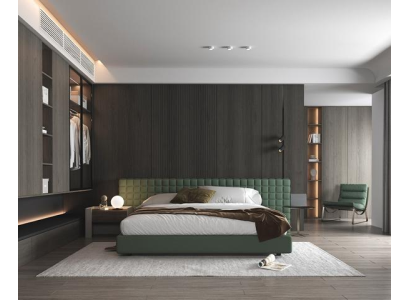 Elegant modern sängram med stoppad huvudgavel