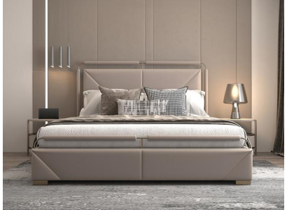 Design modern lyxig säng i beige med gyllene detaljer och en elegant sänggavel