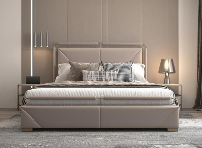 Design modern lyxig säng i beige med gyllene detaljer och en elegant sänggavel
