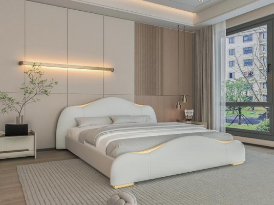 Säng modern grå med gyllene detaljer och en elegant huvudgavel