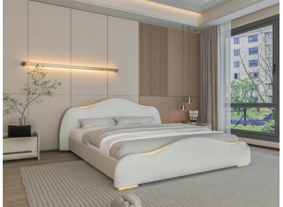 Säng modern grå med gyllene detaljer och en elegant huvudgavel