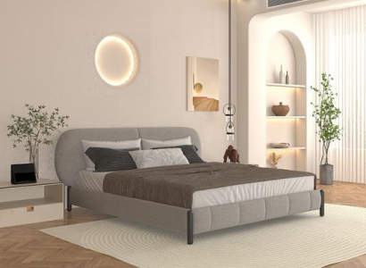 Elegant säng i grått tyg