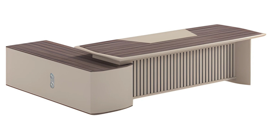 Modern beige skrivbord med träeffekt och stor yta