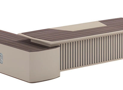 Modern beige skrivbord med träeffekt och stor yta