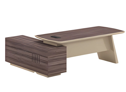 Modern skrivbord med ek- och brun trälook, skiva och en låda