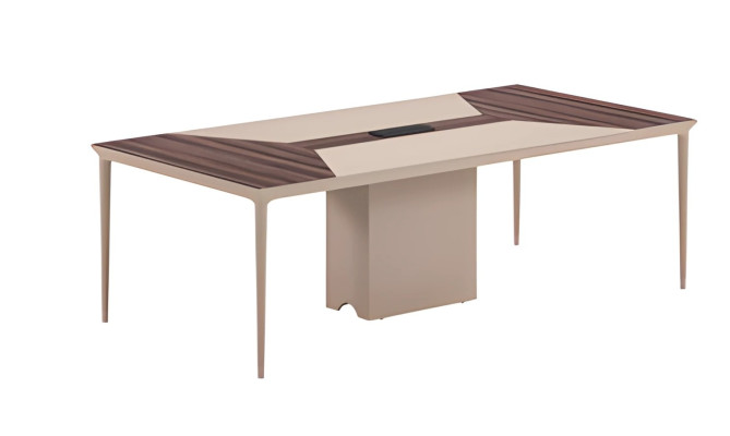 Beige konferensbord med trästruktur och modern design för kontor och möten