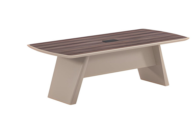 Beige skrivbord med trästruktur och modern design för användning i kontor och hem