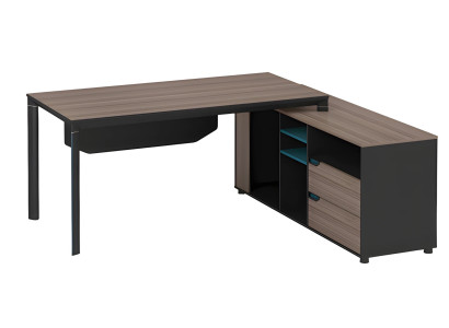 Modern hörnsoffbord i mörkt trä med hyllor och lådor