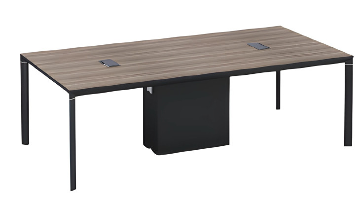 Svart och brun trä konferensbord med kabelhantering och modern design