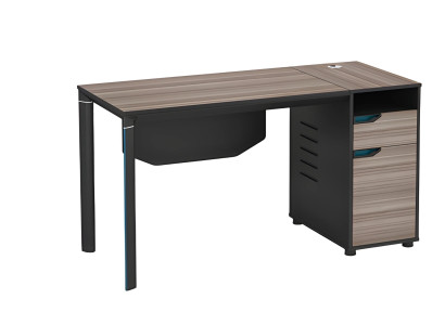 Modern svart trä skrivbord med kabelhantering och förvaringsutrymme