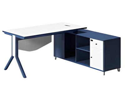 Elegant bord med vit skiva och blå förvaring