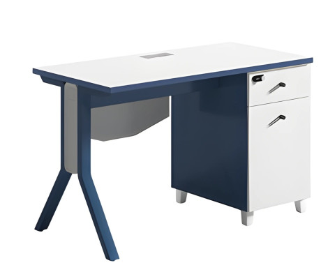 Modern silver and white desk with smooth surface and storage space