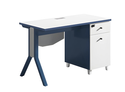 Modern silver and white desk with smooth surface and storage space
