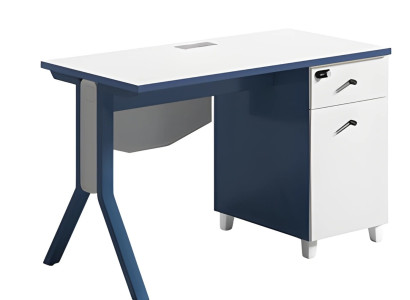 Modern silver and white desk with smooth surface and storage space