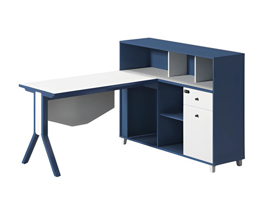 Vit och svart skrivbord med förvaringsutrymme, öppna hyllor och eleganta ben