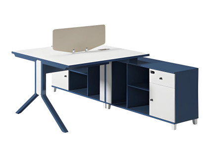 Vit och svart skrivbord med låda, förvaringsutrymme och moderna metallben