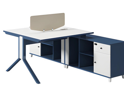 Vit och svart skrivbord med låda, förvaringsutrymme och moderna metallben