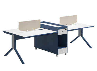 Modern skrivbord med två sidor, med avskiljande panel och förvaringsutrymme