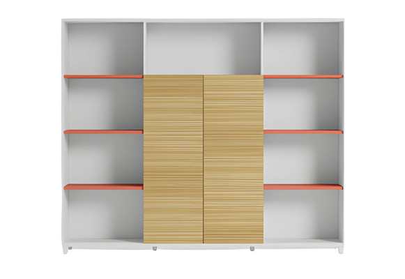 Elegant skrivbordslampa med hyllor i trä och orange accenter